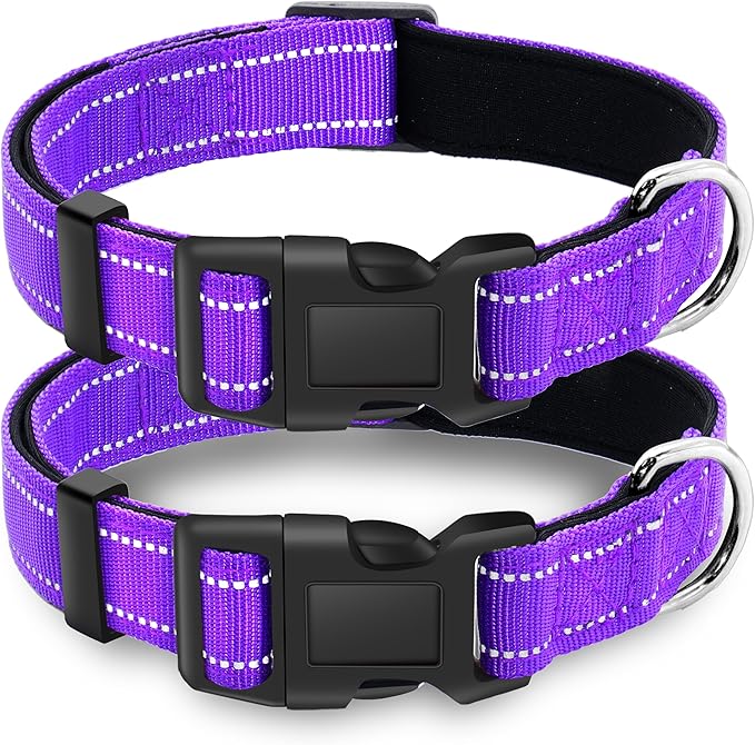 2 Pack Reflective Dog Collar with Safety Locking Buckle, Adjustable Soft Breathable Comfortable Nylon Pet Collar for Small, Medium and Large Dogs, Purple, XL