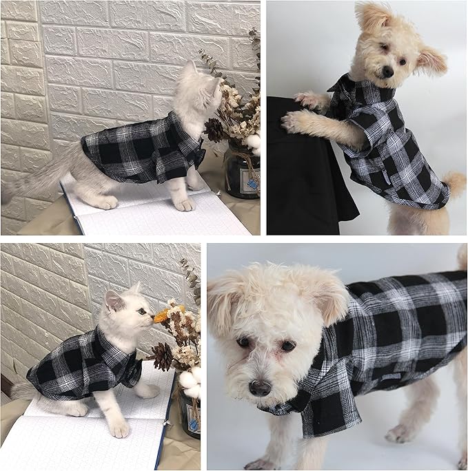 Soft Casual Plaid Shirt, Western Dog Shirt - Cotton with Bow Tie, Wedding & Christmas Costume (Medium, White & Black)