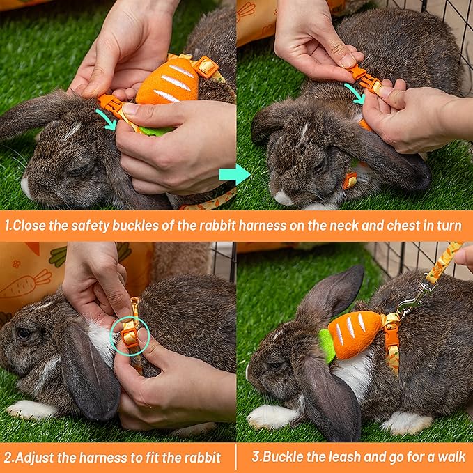 Rabbit Harness and Leash - Adjustable Bunny Harness Escape Proof for Walking Running Hiking Camping Outdoor - Yellow Carrot Pattern Cute Small Animal Harness Leash Set