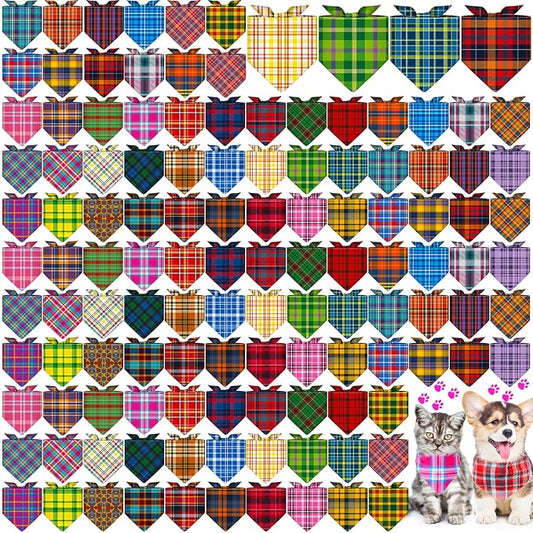 Sanwuta 120 Pcs Plaid Dog Bandanas Bulk Pet Scarves Adjustable Soft Cute Dog Triangle Scarfs for Medium Small Dogs Cats Large Puppy