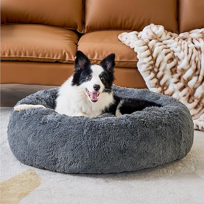 Bedsure Calming Dog Bed for Large Dogs - Donut Washable Large Pet Bed, 36 inches Anti-Slip Round Fluffy Plush Faux Fur Dog Bed, Fits up to 100 lbs Pets, Dark Grey