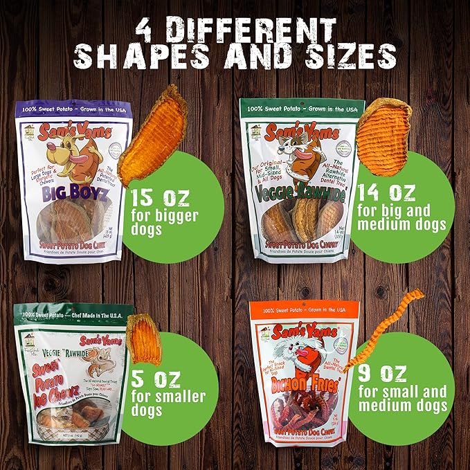 Sams Yams Sweet Potato Dog Treats - Healthy High Fiber Vegan Dental Chew for Small & Medium Dogs - 9oz (3 Packs)