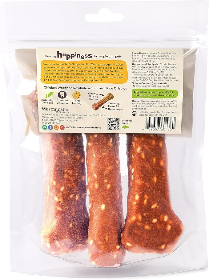 Pet 'n Shape Long Lasting Chewz Dog Treats - Chicken Wrapped Rawhide - 3 Bones, 6-Inch Long