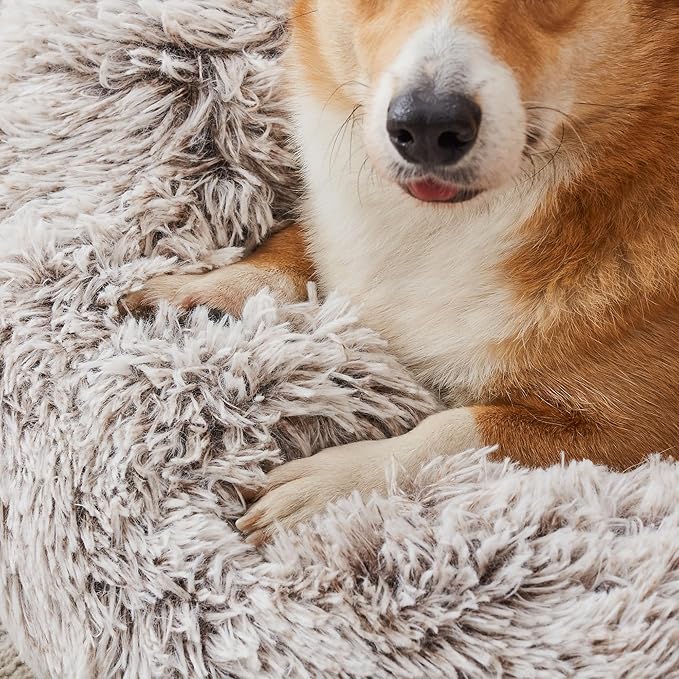 WESTERN HOME WH Calming Dog & Cat Donut Cuddler, Anti-Anxiety Warming Cozy Soft Round Bed, Fluffy Faux Fur Plush Cushion for Small Medium Dogs and Cats (20"/24"/27"/30")