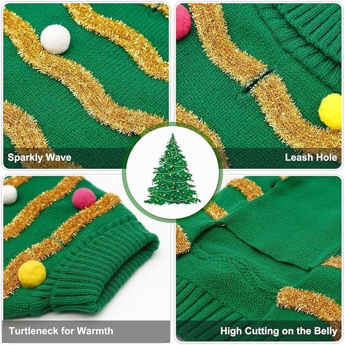 Cyeollo Christmas Sweater for Dogs - Turtleneck Glitter Holiday Clothes for Cold Weather Winter Pet Outfits