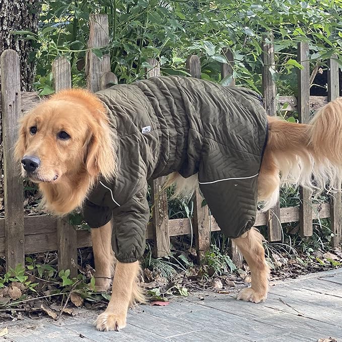 Warm Dog Coat Double Layers Dog Vest, 4 Legs Covered Windproof Waterproof Reflective Warm Dog Vest Outdoor Skating Dog Costume for Small Medium Large Dogs Olive XXL
