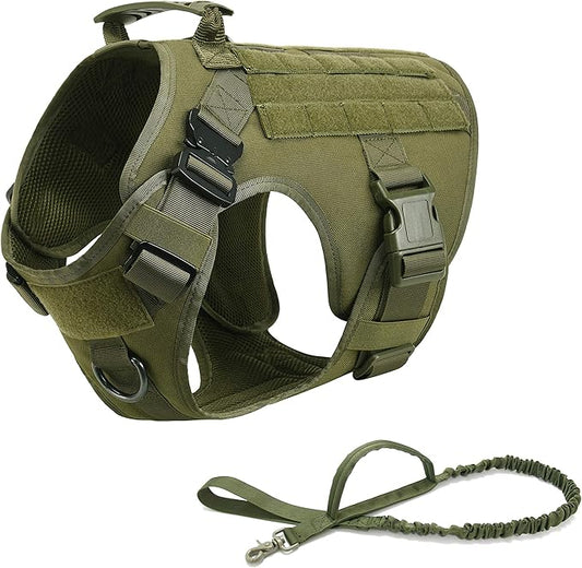 Tactical Dog Harness Vest with Handle Military Working Training Molle Vest with Metal Buckles & Loop Panels Free Bungee Dog Leash (M, Green Harness with Leash)