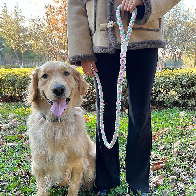 Handmade 5ft Braided Cotton Dog Leash with Unique Floral Handle, Durable and Stylish, Ideal for Small to Large Dogs, Pink & Green Color