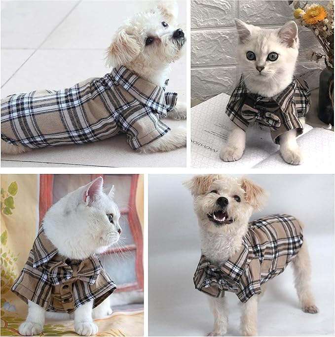 Soft Casual Dog Plaid Shirt,Gentle Dog Western Shirt Pet Clothes, Dog Cotton Shirt with Bow Tie for Wedding,Christmas Costumes (Small, Dark Khaki)