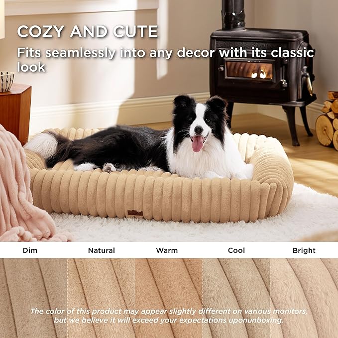 Bedsure Washable Dog Bed for Medium Dogs - Cute Furry Puppy Beds, Rectangle Orthopedic Corduroy Fleece Pet Beds with Removable Zipper Cover, 43x30x8inches, Sandy Tan