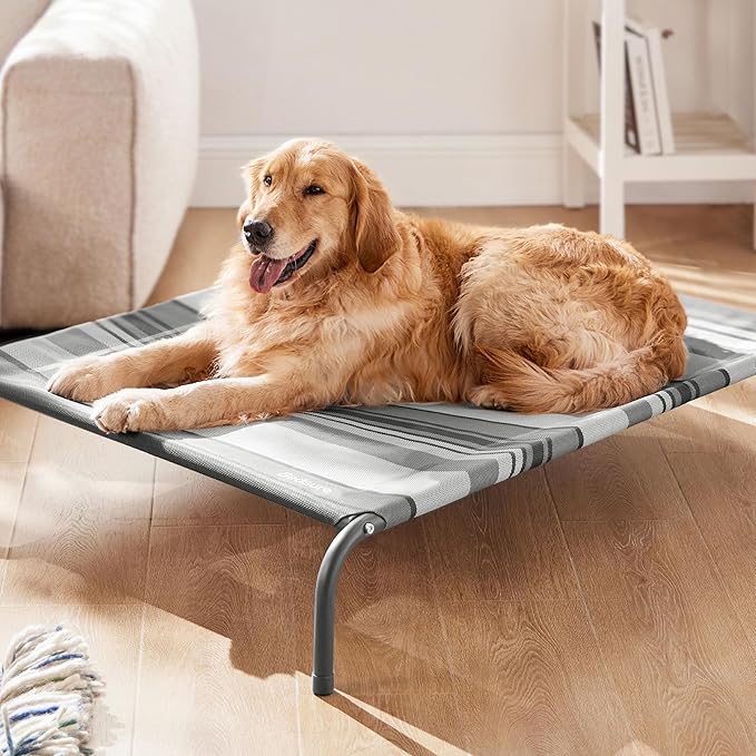 Bedsure Large Elevated Cooling Outdoor Dog Bed - Raised Dog Cot for Large Dogs, Portable Indoor & Outdoor Pet Hammock with Skid-Resistant Feet, Breathable Mesh, Striped Grey, 49 inches