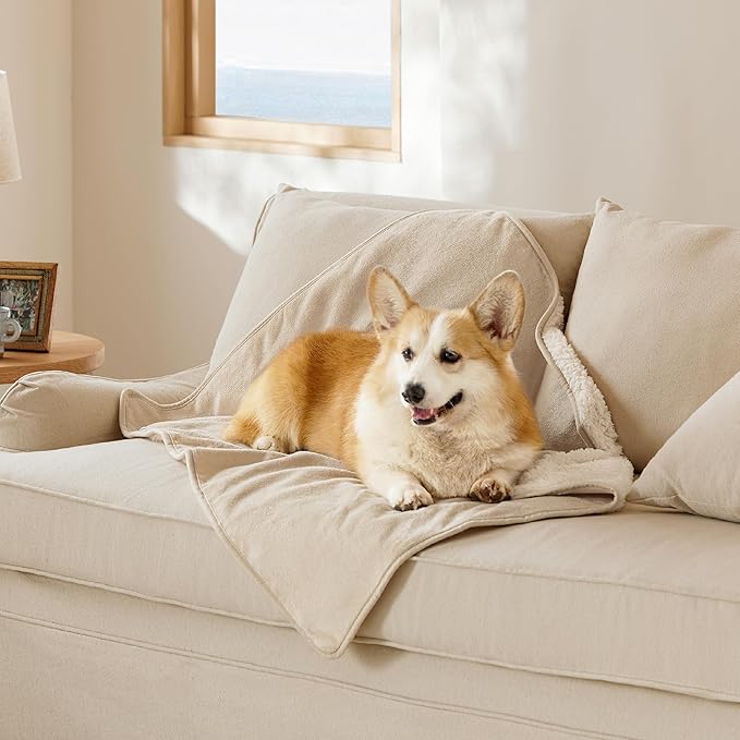 Bedsure Cat Blanket for Indoor Cats - Waterproof Calming Cat Blankets for Couch Protection, Sherpa Fleece Pet Blanket, Soft Plush Reversible Throw Furniture Protector, 50"x40", Cream