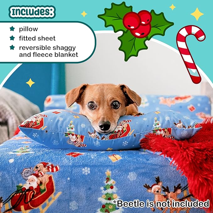 Santa's Helpers Bedding Set - Soft Shag & Fleece Reversible Blanket, Plush Pillow, Cute Fitted Sheet for Comfort - Oeko-Tex 100 Certified, Safe & Gentle for Pets (Standard)