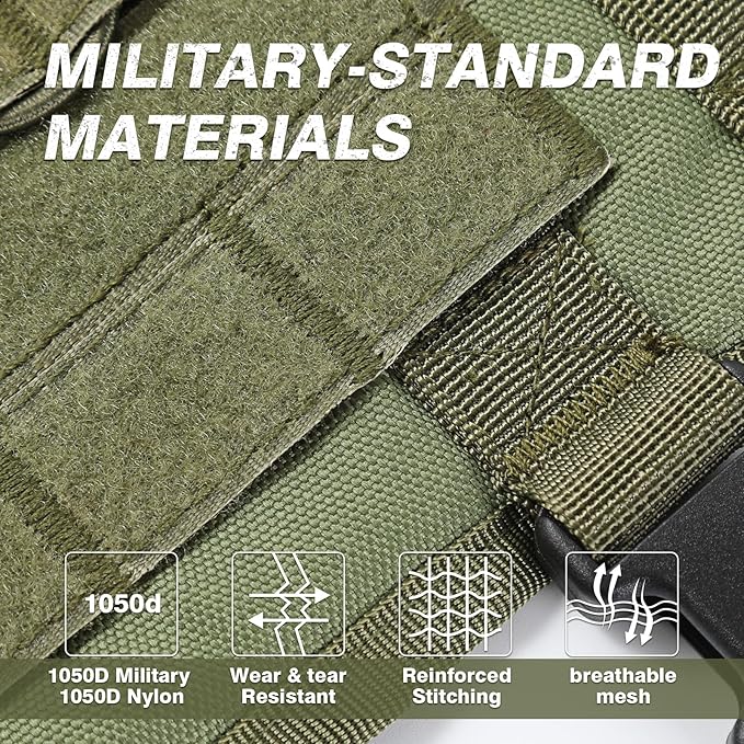 No Pull Tactical Dog Harness for Large Dogs, Escape Proof Molle Dog Vest Harness and Leash Set, Adjustable Military Service Dog Harness with Handle for Medium Large Dogs(Green, M)