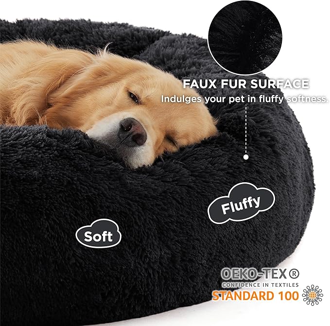 Bedsure Calming Dog Bed for Extra Large Dogs - Donut Washable Large Pet Bed, 45 inches Anti-Slip Round Fluffy Plush Faux Fur Dog Bed, Fits up to 125 lbs Pets, Black