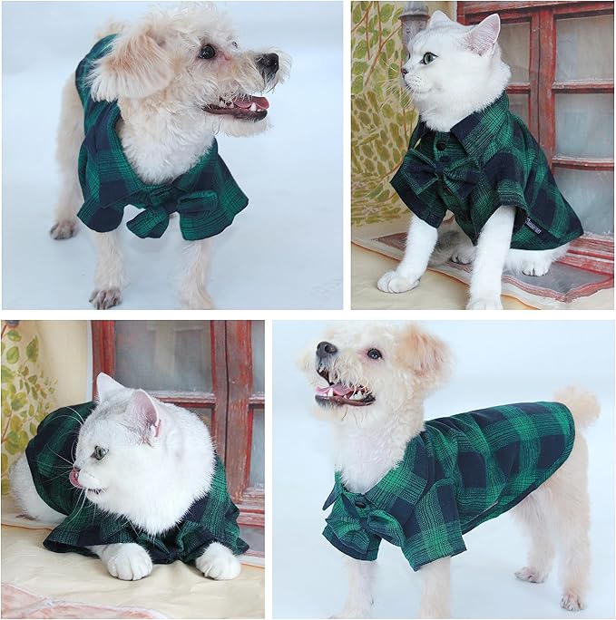 Soft Casual Dog Plaid Shirt,Gentle Dog Western Shirt Pet Clothes, Dog Cotton Shirt with Bow Tie for Wedding,Christmas Costumes (Medium, Green&Blue)
