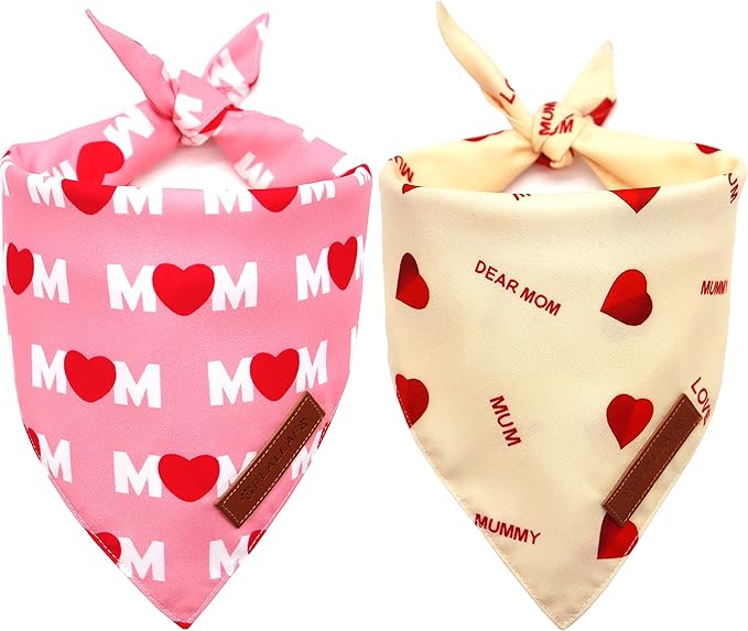 Realeaf Mothers Day Dog Bandanas 2 Pack, Reversible I Love My Mom Pet Scarf for Boy and Girl, Premium Durable Fabric, Valentines Day Bandana for Small Medium Large and Extra Large Dogs (X-Large)
