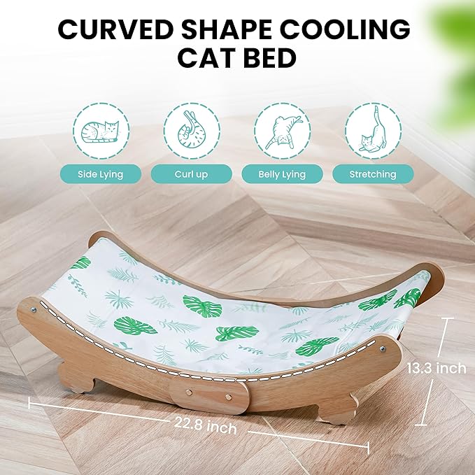 Cooling Cat Bed Hammock with Water Mat, Waterproof Elevated Cat Beds Chair with PVC Fabric, Curved Design, Pet Furniture Couch, Summer Pet Bed for Indoor Use, Green