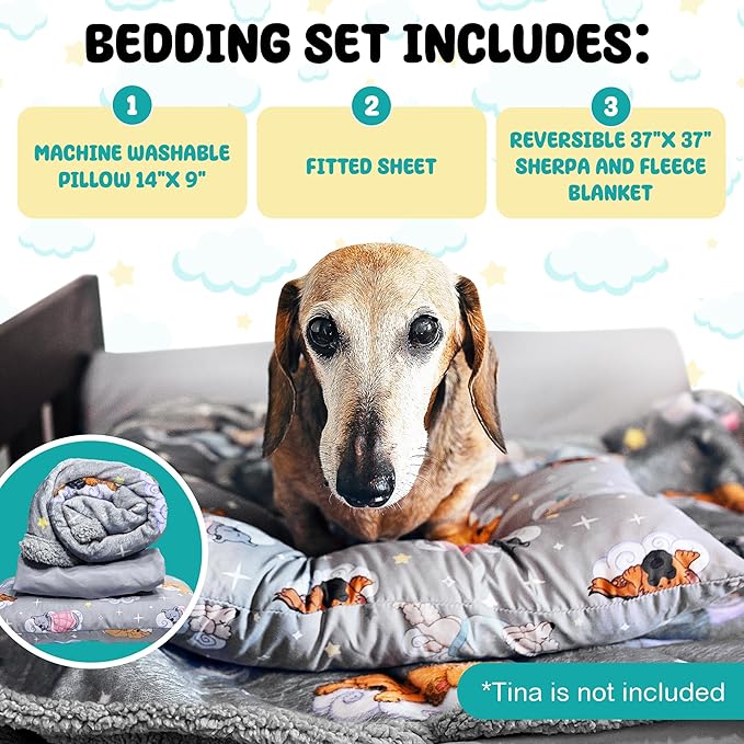 Sweet Dreams Bedding Set - Soft Sherpa & Fleece Reversible Blanket, Plush Pillow, Gray Fitted Sheet for Comfort - Oeko-Tex 100 Certified, Safe & Gentle for Pets (Standard)