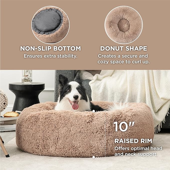 Bedsure Calming Dog Beds Large Sized Dog - Donut Washable Large Pet Bed, 36 inches Anti-Slip Round Fluffy Plush Faux Fur Dogs Bed, Fits up to 100 lbs Pets, Camel