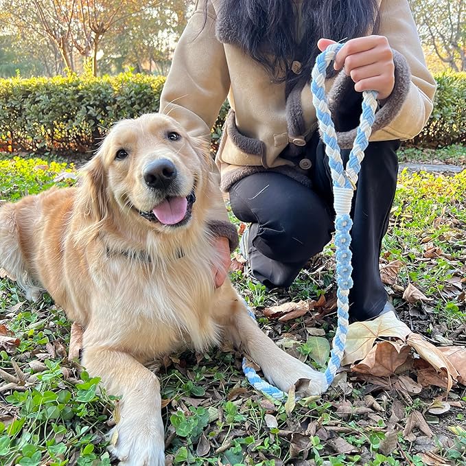 Handmade 5ft Braided Cotton Dog Leash with Unique Floral Handle, Durable and Stylish, Ideal for Small to Large Dogs,Blue & White Color