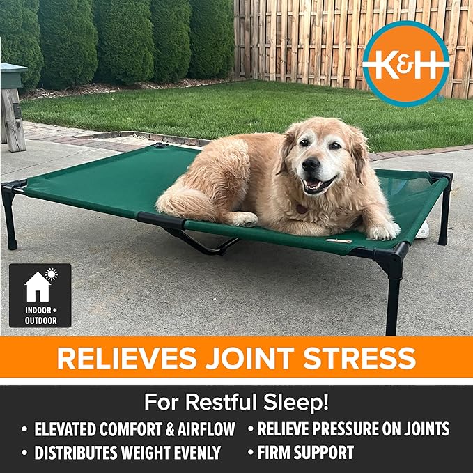 K&H Pet Products Outdoor Elevated Dog Cot, Cooling Raised Bed with Waterproof Breathable Mesh for Medium Dogs, Portable Place Bed with Heavy-Duty Metal Frame & Hammock Style Cover - Medium Green