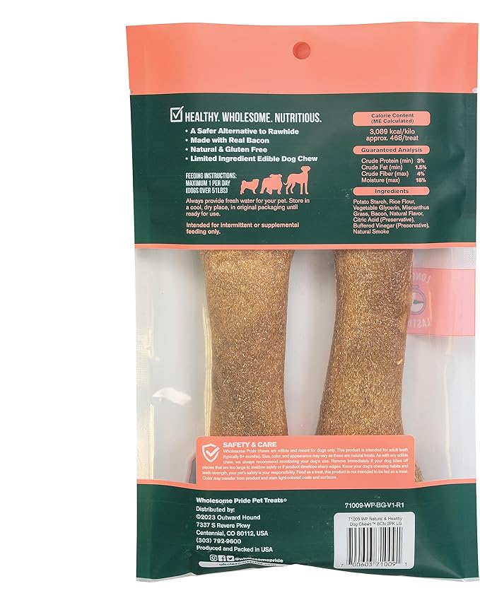 Wholesome Pride Natural & Healthy Dog Chews 2Pk for Large Dogs, Bacon Flavor, Made in The USA
