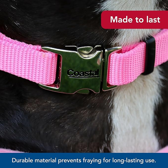Coastal Pet Adjustable Dog Collar with Metal Buckle - Comfortable Fade-Resistant Dog Collar with Snap Lock - Perfect for Walking & Tie Outs - Pink Bright - 5/8" x 10"-14"