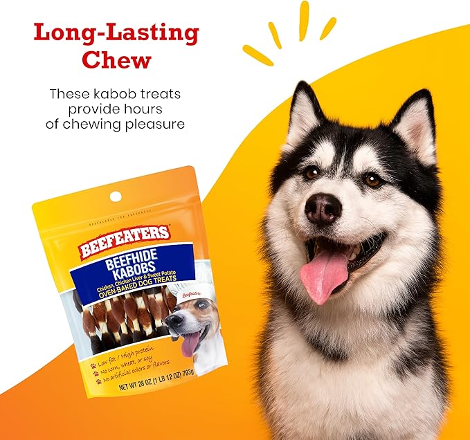 Beefeaters Beefhide Kabobs 28oz – Dog Treat. Triple Flavor with Real Chicken, Liver & Sweet Potato, Long-Lasting Chew, Supports Dental Health, Ideal for Training