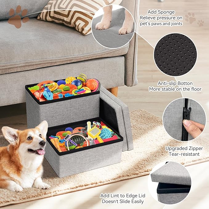Dog Stairs with Storage 12" H, 2-Step Wider Dog Steps for Small/Medium/Large Dogs Cats, Folding Sturdy Pet Stairs Climbing Sofa Couch, Ramp for Car Hold Up to 150 lbs (Smok Grey, no Condo)