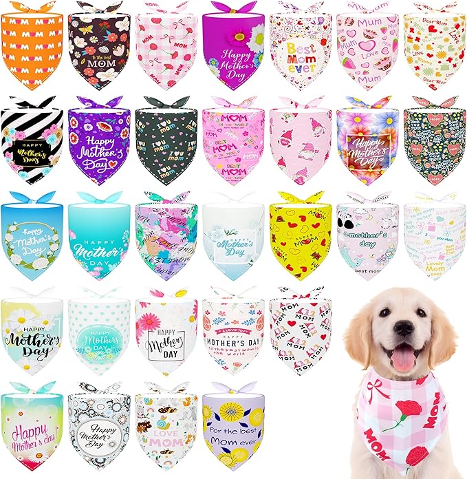 30 Pcs Mothers Day Small Dog Bandanas Bulk 25 Inch Love Mom Dog Bandanas for Medium Dogs Breed Best Mom Dogs Bandana Large Cats Grooming M