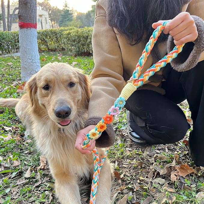 Handmade 5ft Braided Cotton Dog Leash with Unique Floral Handle, Durable and Stylish, Ideal for Small to Large Dogs,Rainbow Mix