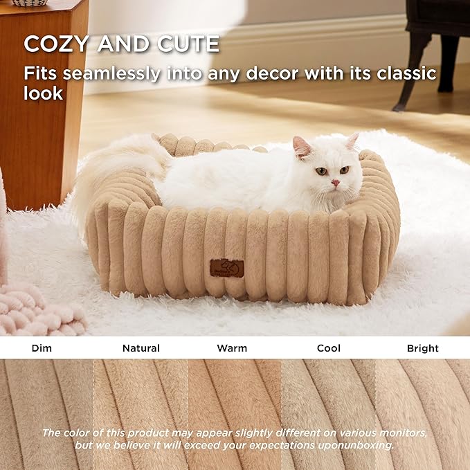 Bedsure Cute Dog Bed for Small Dogs & Cats - Washable Furry Puppy Beds, Rectangle Orthopedic Corduroy Fleece Pet Beds with Removable Zipper Cover, 20x19x6inches, Sandy Tan