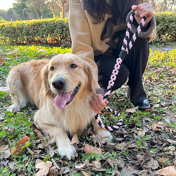Handmade 5ft Braided Cotton Dog Leash with Unique Floral Handle, Durable and Stylish, Ideal for Small to Large Dogs, Black & Pink Color