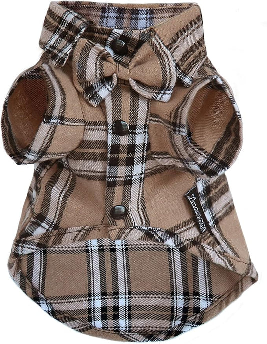 Soft Casual Plaid Dog Shirt, Pet Western Clothes With Bow Tie for Wedding, Christmas Costumes (Large, Dark Khaki)