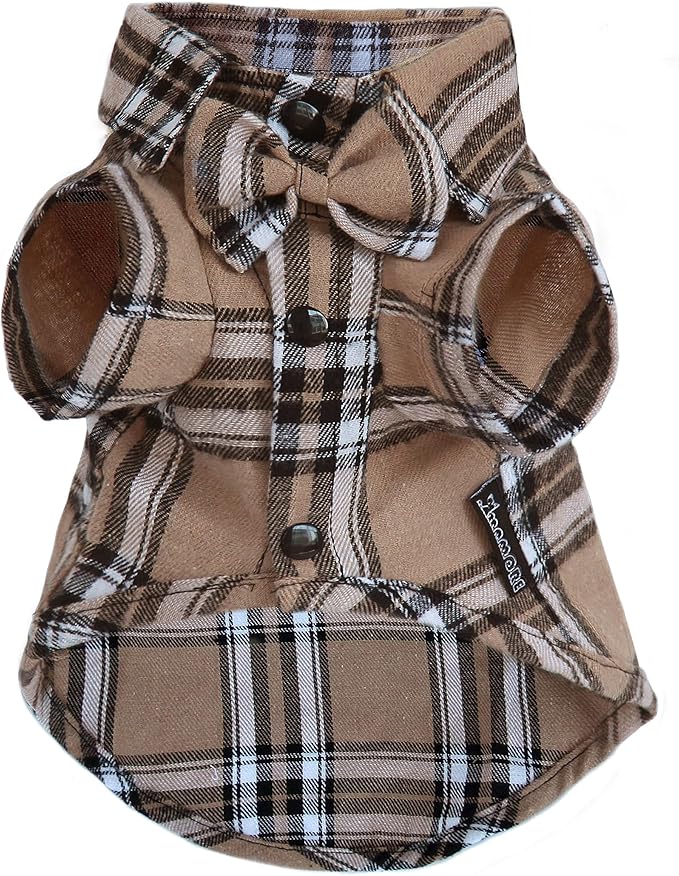 Soft Casual Dog Plaid Shirt,Gentle Dog Western Shirt Pet Clothes, Dog Cotton Shirt with Bow Tie for Wedding,Christmas Costumes (Small, Dark Khaki)