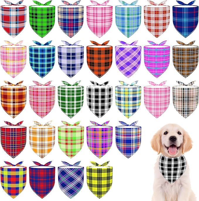 30 Pcs Plaid Dog Bandanas for Small Dog Polyester Medium Dog Bandana Bulk Reversible Print One Side Large Plaid Scarves Party Grooming M