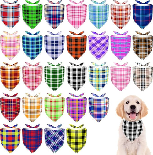 30 Pcs Plaid Dog Bandanas for Small Dog Polyester Medium Dog Bandana Bulk Reversible Print One Side Large Plaid Scarves Party Grooming M