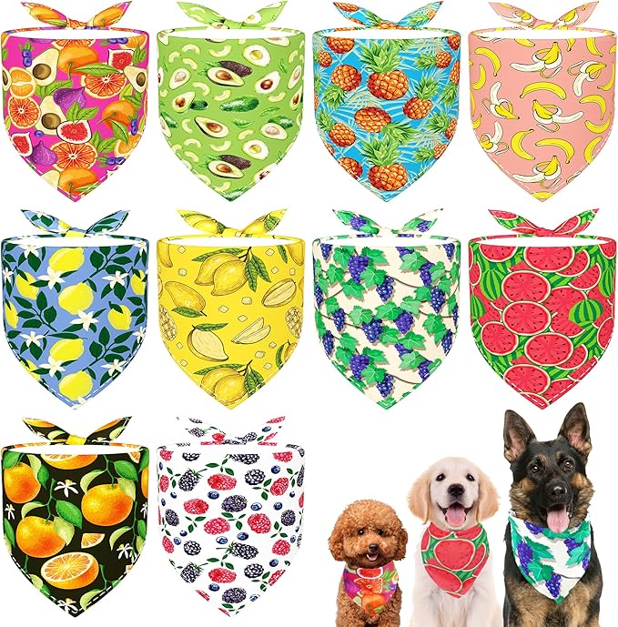 10PCS Dog Bandanas Summer Fruit for Medium Breed Dog Pink Purple Yellow Blue Kerchief Triangle Bibs Head Scarves for Boys and Girls Grooming Costume