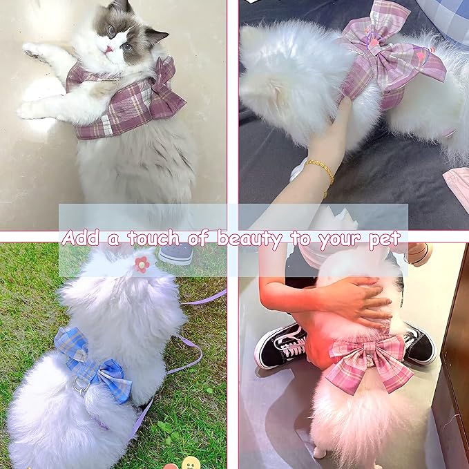 Plaid Dog Dress Bow Tie Harness Leash Set,Dog Clothes Harness Dress with Leash Ring for Small Dogs Girl, Puppy Princess Rabbit Clothes Chihuahua Yorkies Pet Outfits (Pink, XX-Large)