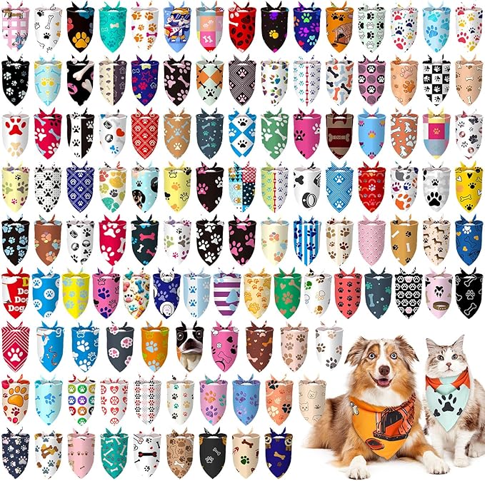 100 Pcs Dog Bandanas Bulk Pet Bibs Colorful Triangle Scarf Pet Bandanas for Medium Large Dogs Spring Summer Birthday Costume Decoration (Paw)
