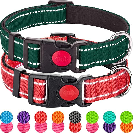 2 Pack Reflective Dog Collars for Medium Large and Small Breed Dogs Male Female,Padded Soft Durable Nylon Neoprene Collar for Puppy Dogs Girl Boy with Quick Release Safety Buckle,Red,Holly Green,S