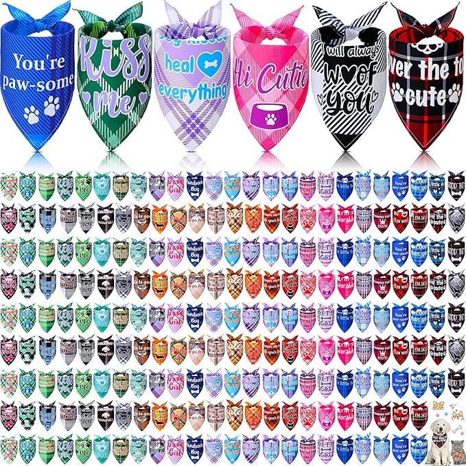 200 Pcs Dog Bandana Bulk Summer Plaid Grooming Pet Bandanas with Cute Sayings for Small to Large Dog Puppy Scarf Spring Holiday Costume Birthday Supplies for Small to Large Cats(Adorable Style)