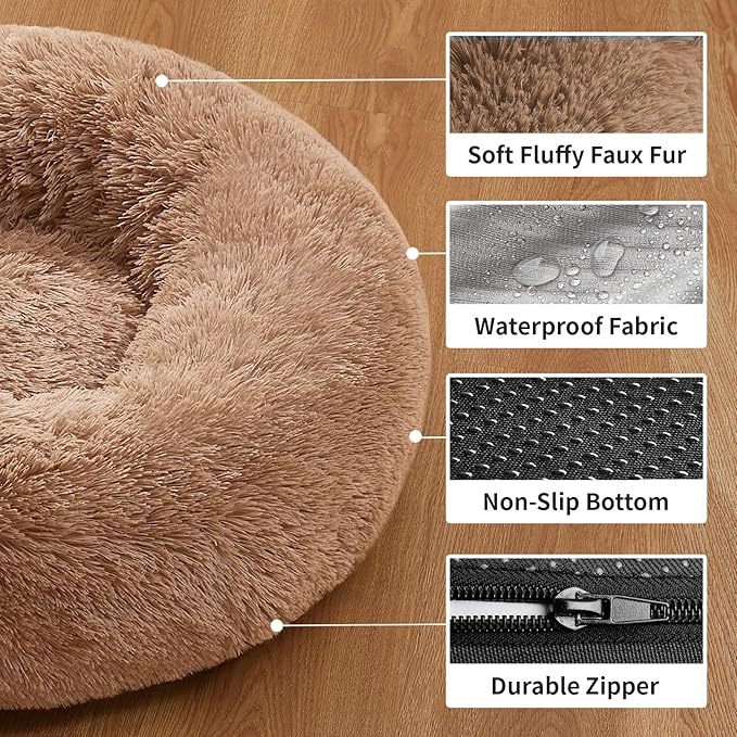 OhGeni Calming Donut Dog Bed Pillow for Large Pets, Machine Washable Removable Cover, Comfort Plush Fluffy Faux Fur with Anti-Slip Bottom, Cats-Friendly Round Cuddly Design, Ocher, 36 inches