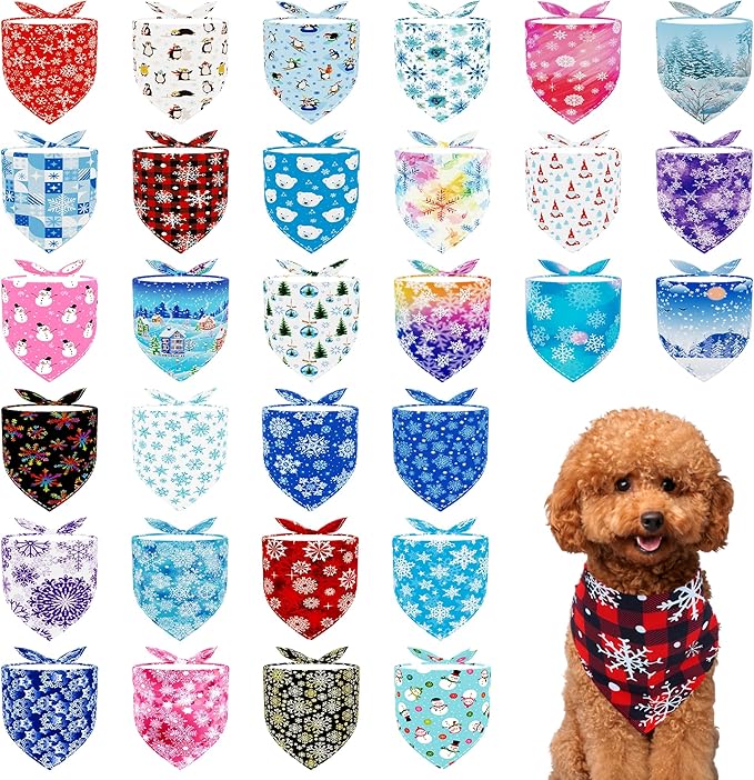 30 Pack Winter Dog Bandanas Bulk for Small Dogs Doggy 18 Inch Dog Bandanas Xs Puppy Cats Breed Adjustable Snow Scarves Grooming S