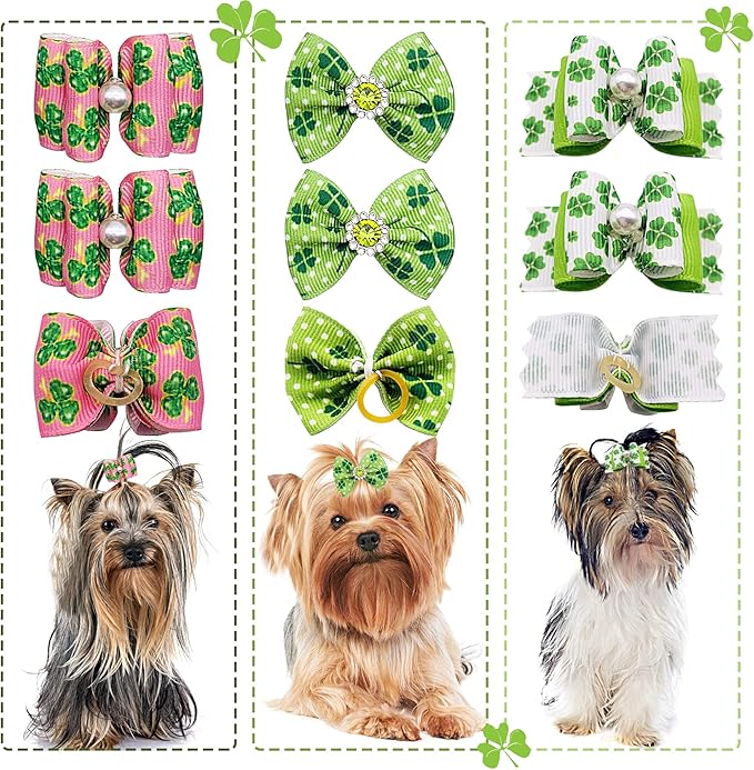 PET SHOW 20pcs St. Patrick's Day Small Dog Hair Bows with Rubber Bands for Medium Dogs Green Clover Puppies Cats Kittens Rabbits Topknot Grooming Costumes Hair Accessories