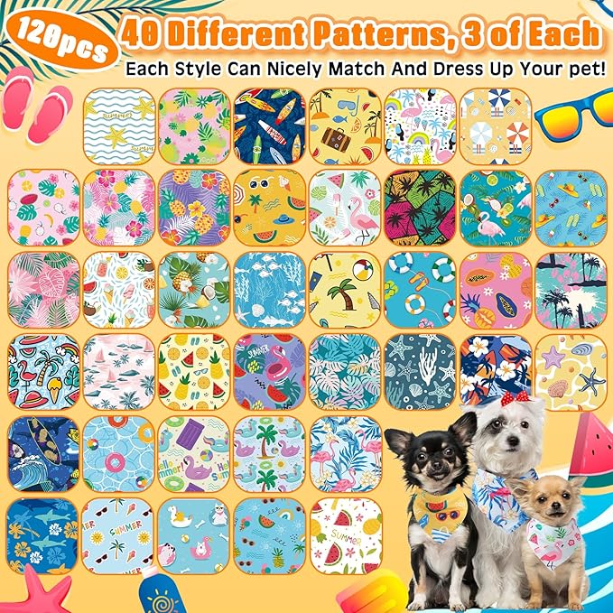 120 Packs Dog Bandanas Bulk Summer Pet Bandanas for Dogs Hawaiian Pet Scarf Bibs Adjustable Washable Kerchief for Large Medieum Small Pet Costume Accessories(Hawaiian Style)