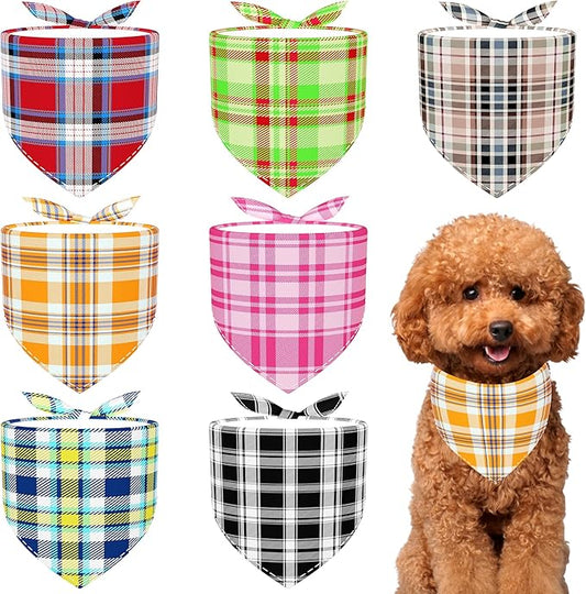 7 PCS Plaid Dog Bandanas for Small Dogs Kittens Polyester Dog Bandanas for Puppy Doggy XS Print One Side Scarves Party Grooming S