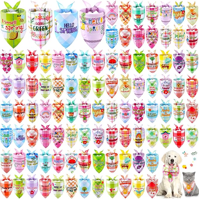 Sweetude 100 Pcs Spring Plaid Dog Bandanas Bulk with Sayings Spring PET Scarf Bibs Adjustable Washable Kerchief Seasonal PET Costume Accessories Grooming Supplies for Small to Large Cats Dogs