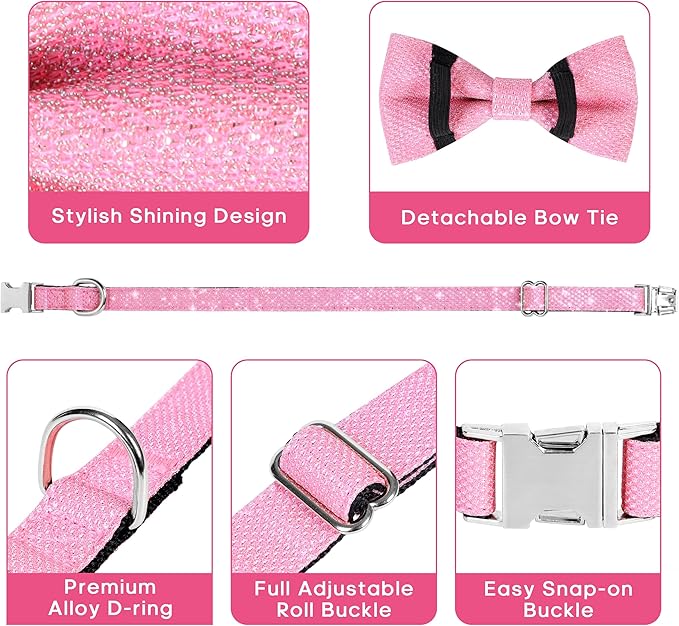 Dog Collar with Bow for Small Medium Large Dogs, Cute Bling Dog Bow Tie Collar with Metal Buckle, Soft & Durable for Large Dogs Walking (Light Pink, L)